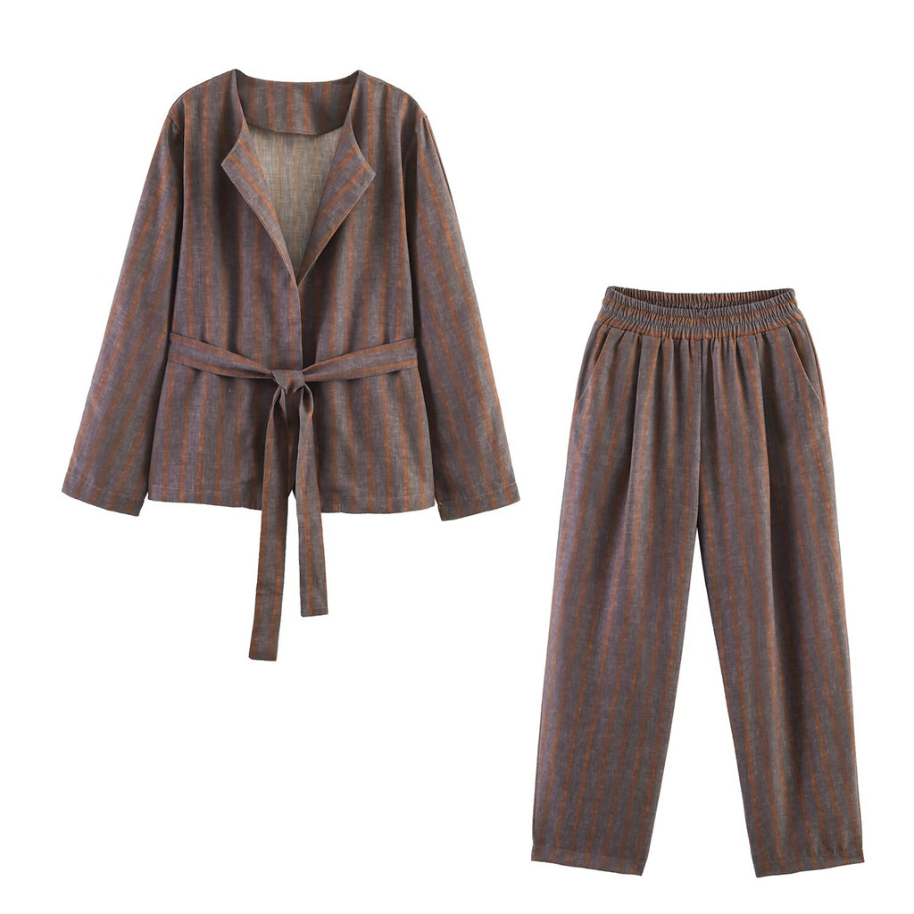 Women Spring And Autumn Long Sleeve Casual Striped Waist
