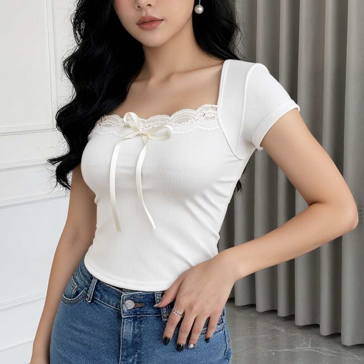 Sexy Skinny Short Lace Square Collar Top Niche Short Sleeve