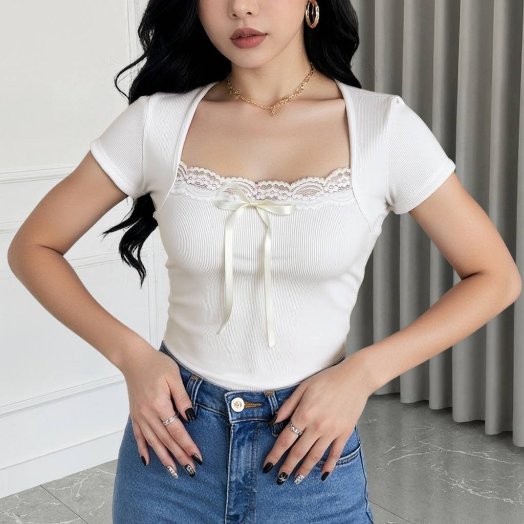 Sexy Skinny Short Lace Square Collar Top Niche Short Sleeve