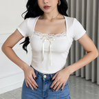 Sexy Skinny Short Lace Square Collar Top Niche Short Sleeve
