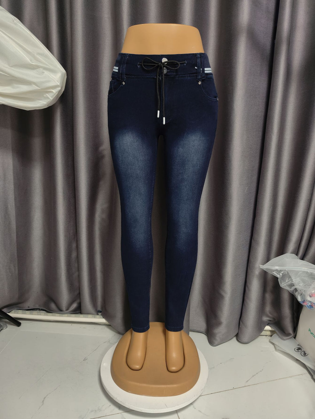 EW Drawstring Jeans Women Washed Elastic Skinny Slimming