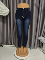 EW Drawstring Jeans Women Washed Elastic Skinny Slimming