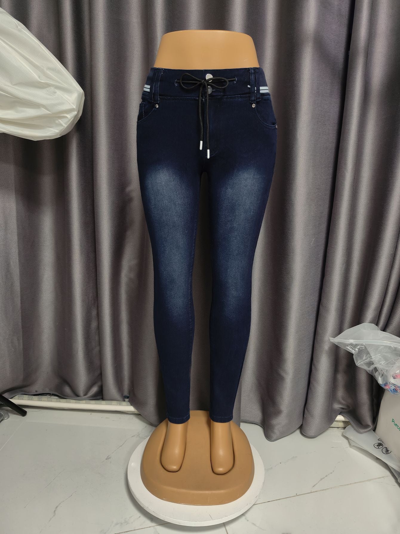 EW Drawstring Jeans Women Washed Elastic Skinny Slimming