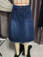 Midi Skirt Women HW A line Retro Washed Large Pocket Casual