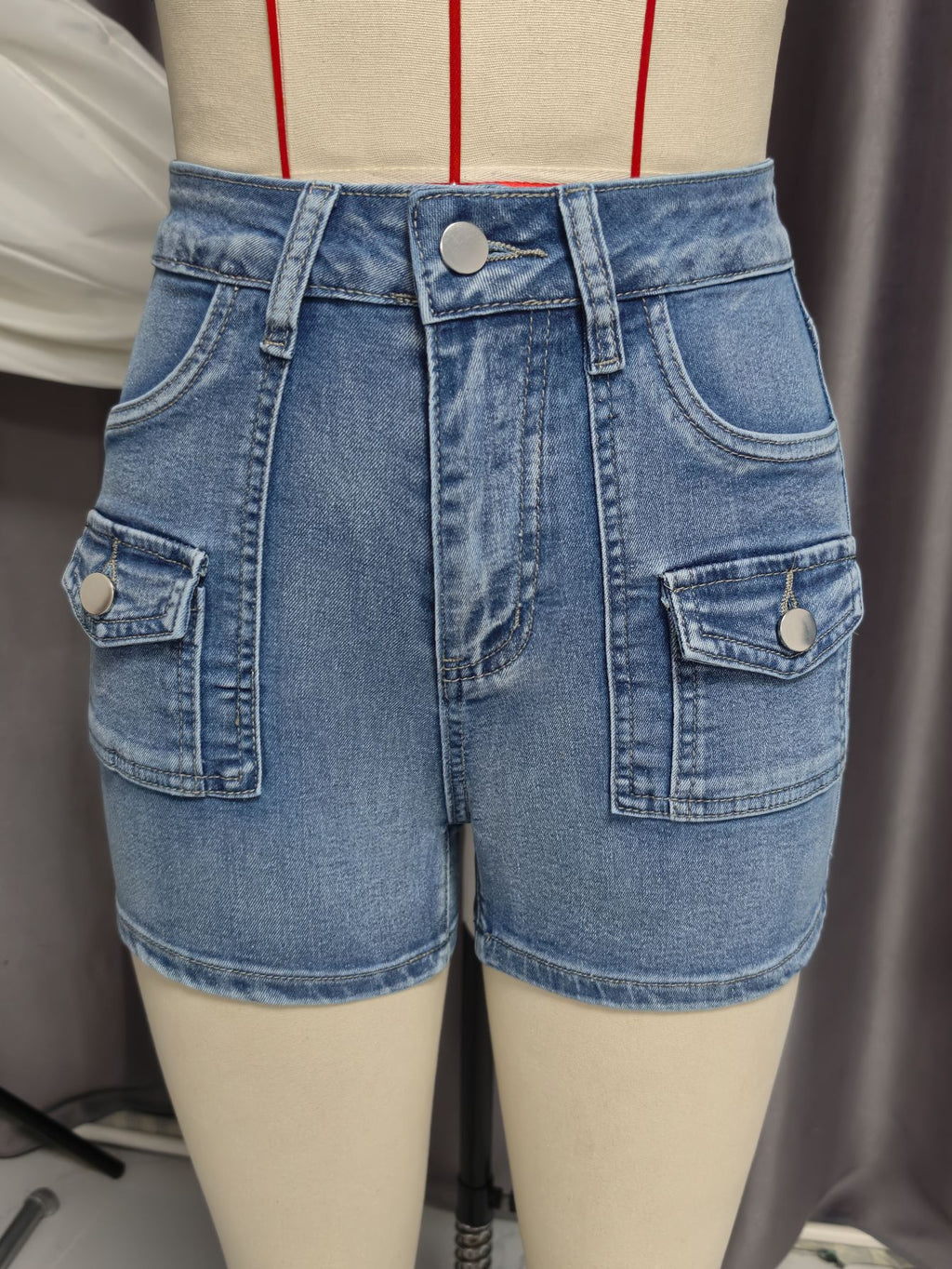 HW Stretch Denim Shorts Cargo Pocket Slimming Sheath All