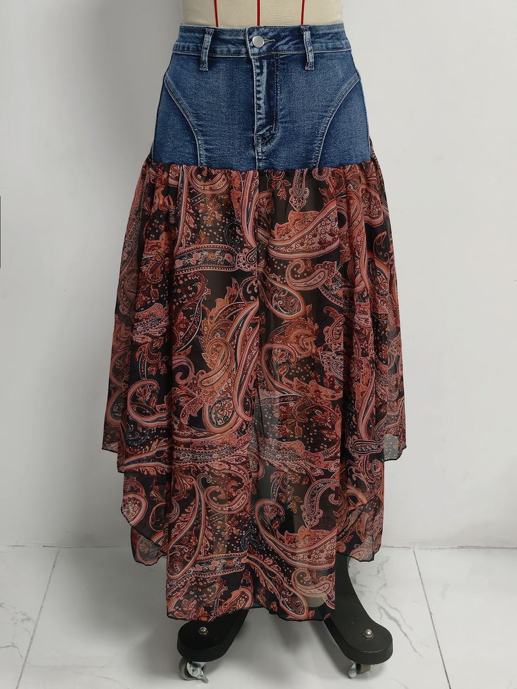 Summer Printed Chiffon Stitching Denim Skirt HW Irregular