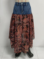 Summer Printed Chiffon Stitching Denim Skirt HW Irregular