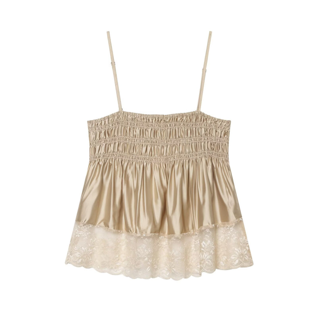Women's Women Clothing Pleated Lace Silk Satin Textured Top
