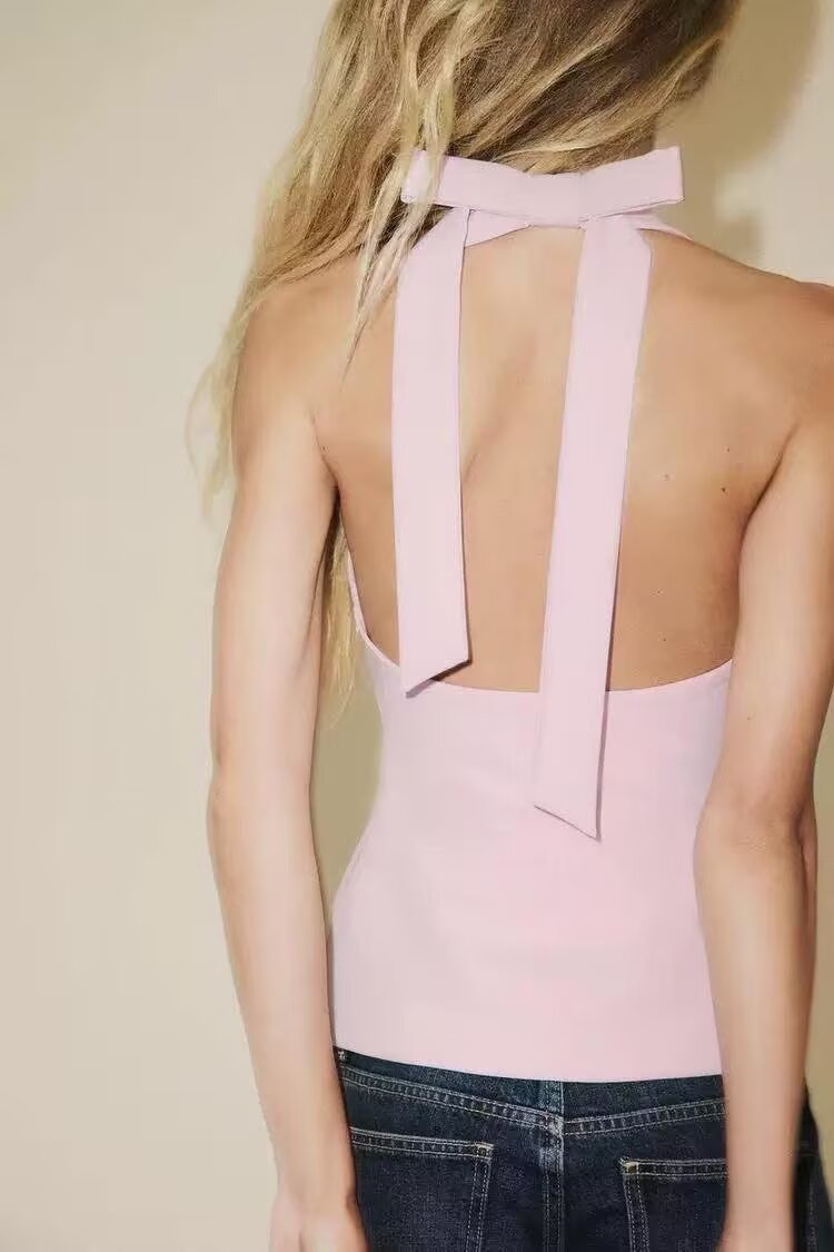 Women Clothing Women Bow Hanging Collar Backless Top Small