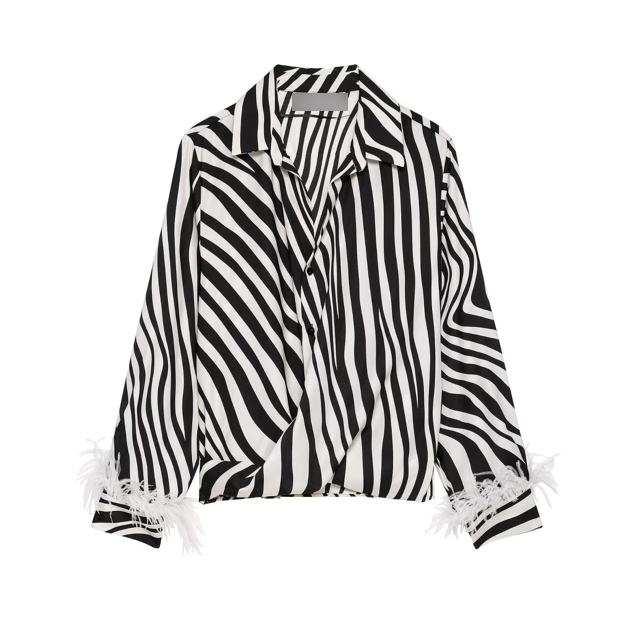 Women’s striped long-sleeve shirt with point collar, button front, feather-trim hem