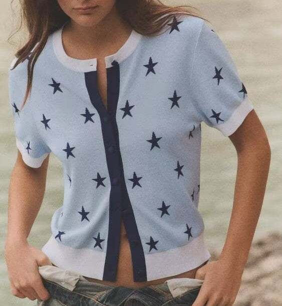 Women Clothing Summer Star Jacquard round Neck Long Sleeve