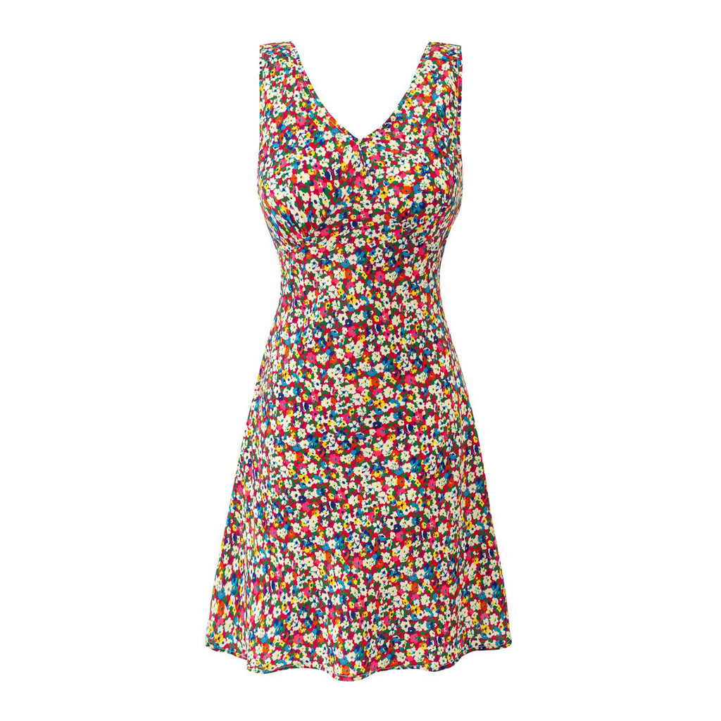 Floral sleeveless V-neck dress with fitted waist, multicolor print and flared skirt