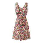 Floral sleeveless V-neck dress with fitted waist, multicolor print and flared skirt