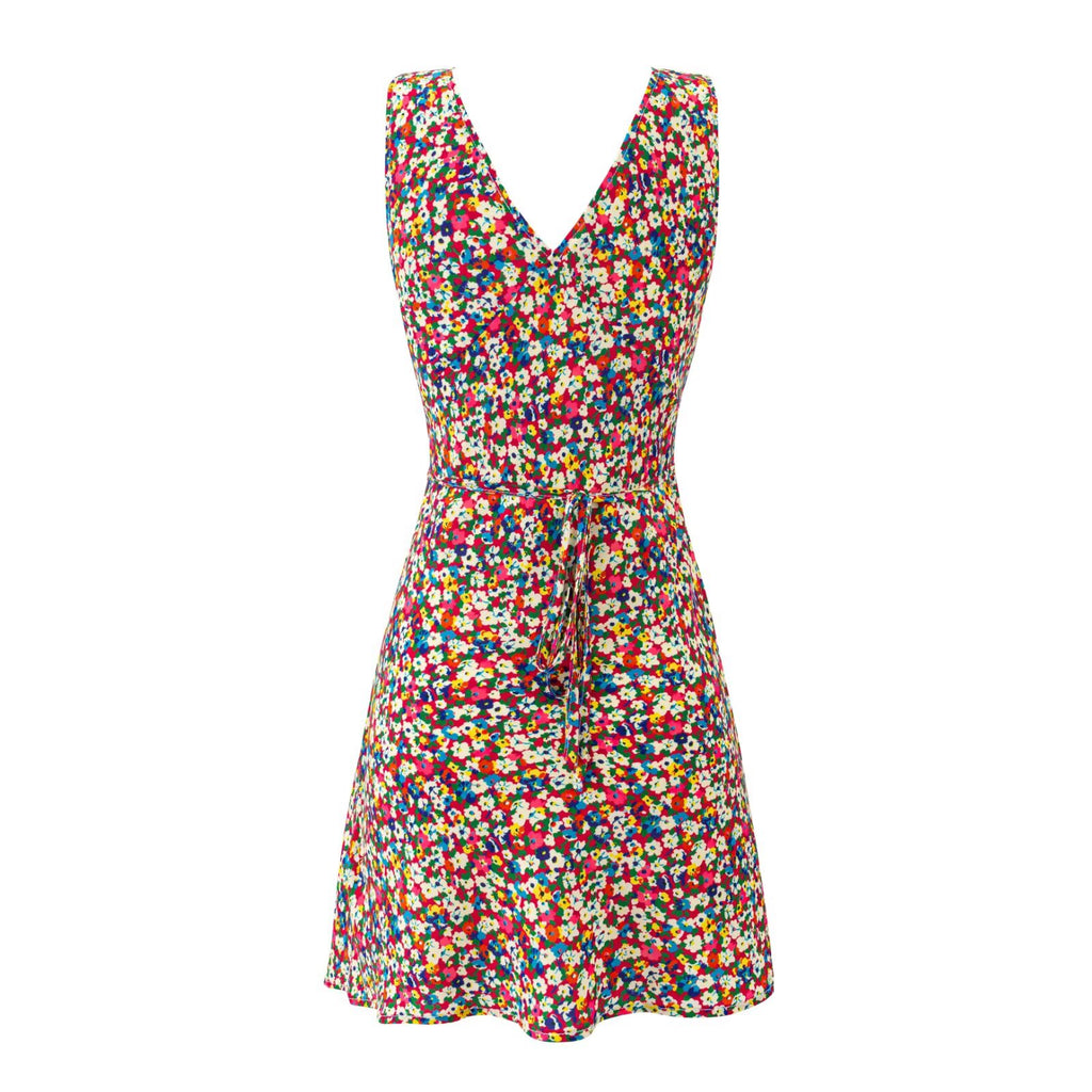 Floral sleeveless V-neck dress with gathered waist and button-front detail, multicolor