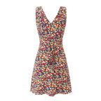 Floral sleeveless V-neck dress with gathered waist and button-front detail, multicolor