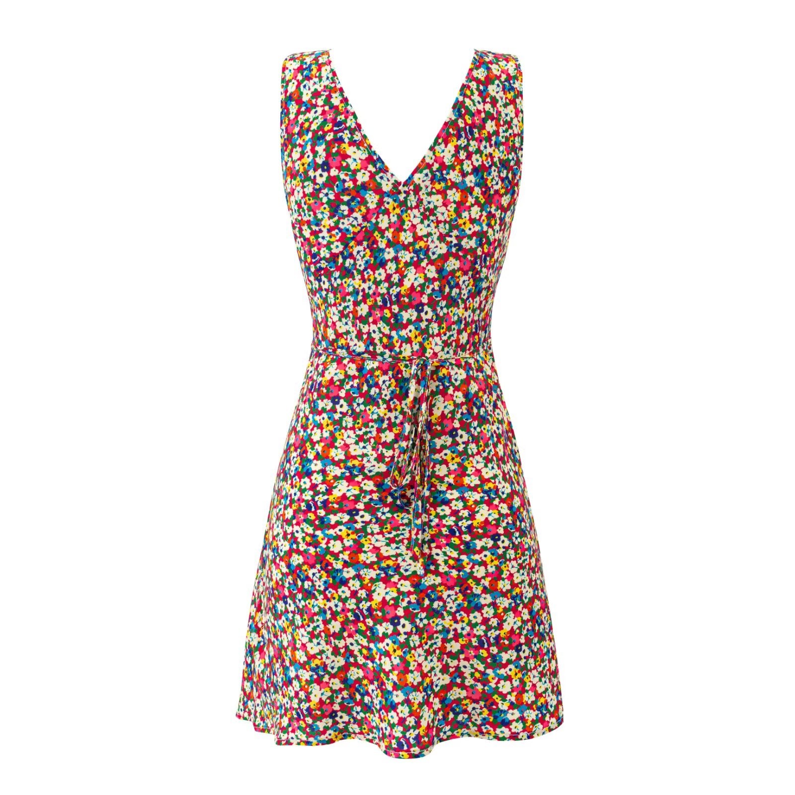 Floral sleeveless V-neck dress with gathered waist and button-front detail, multicolor