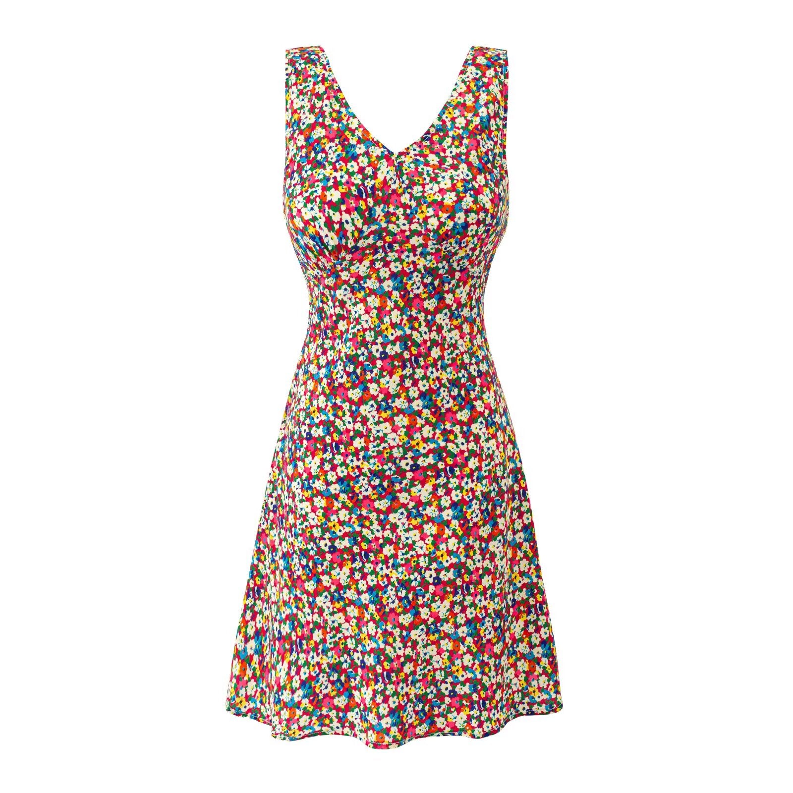 Floral sleeveless V-neck dress with fitted bodice and flared skirt, multicolor print