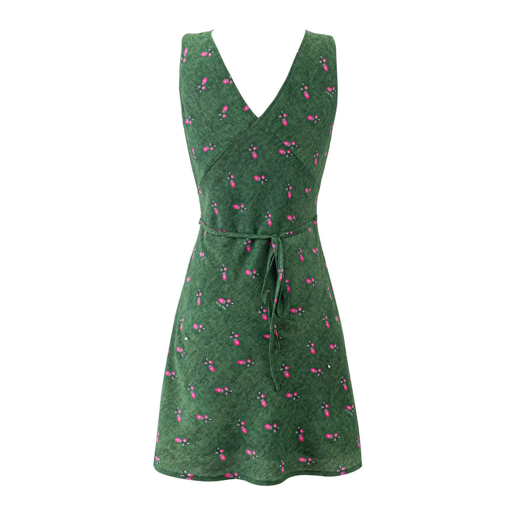 Women's lace floral dress, green with pink floral print, V-neck and ruched tie waist