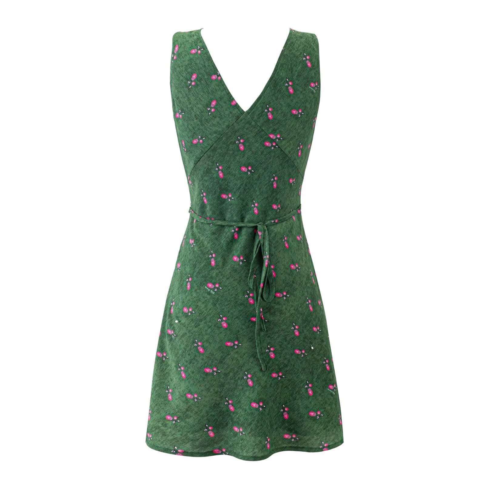 Women's lace floral dress, green with pink floral print, V-neck and ruched tie waist