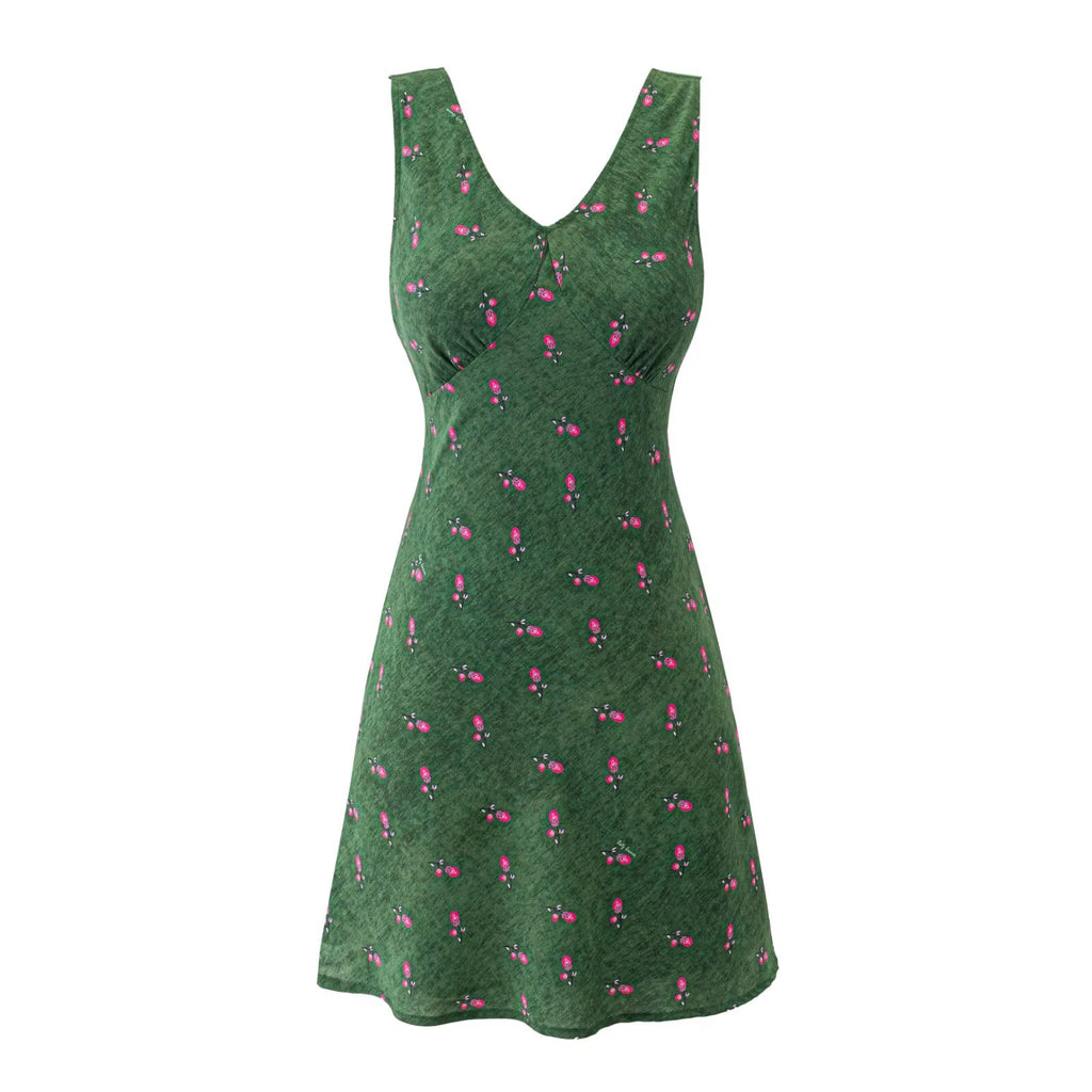 Women's lace floral dress, green with pink floral print, V-neck fitted bodice flare skirt