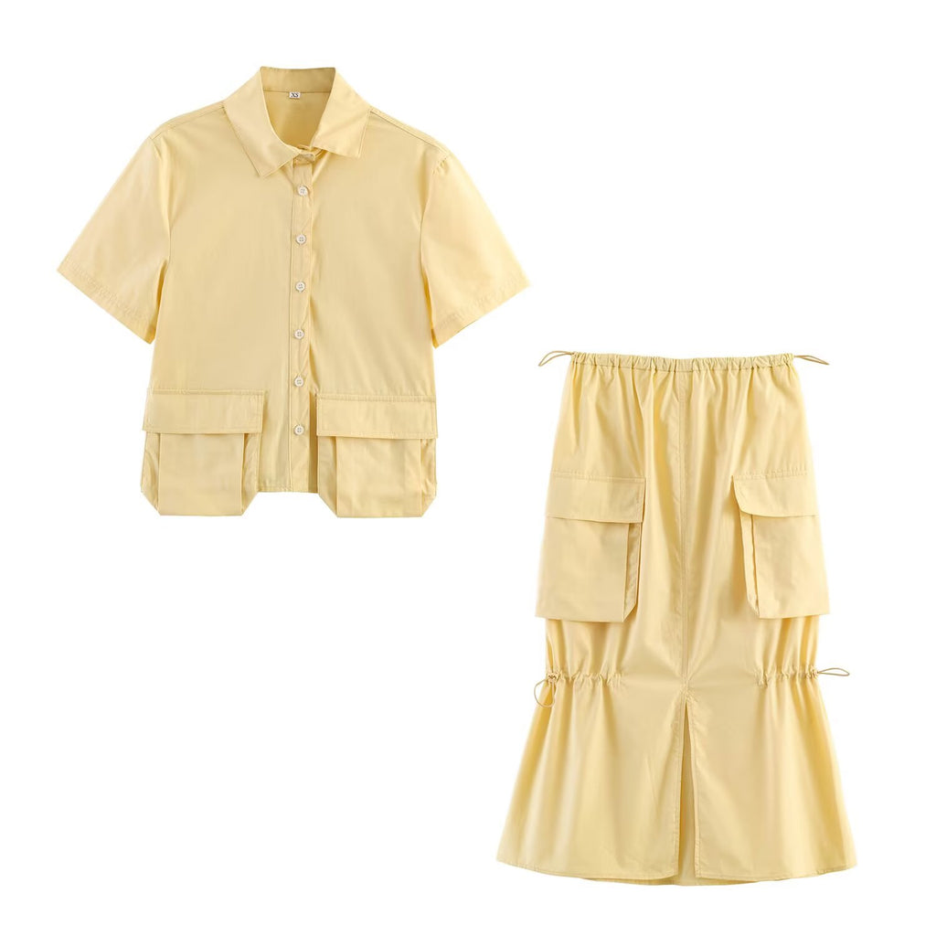 Spring Women Street Short Pocket Shirt Tooling Midi Skirt