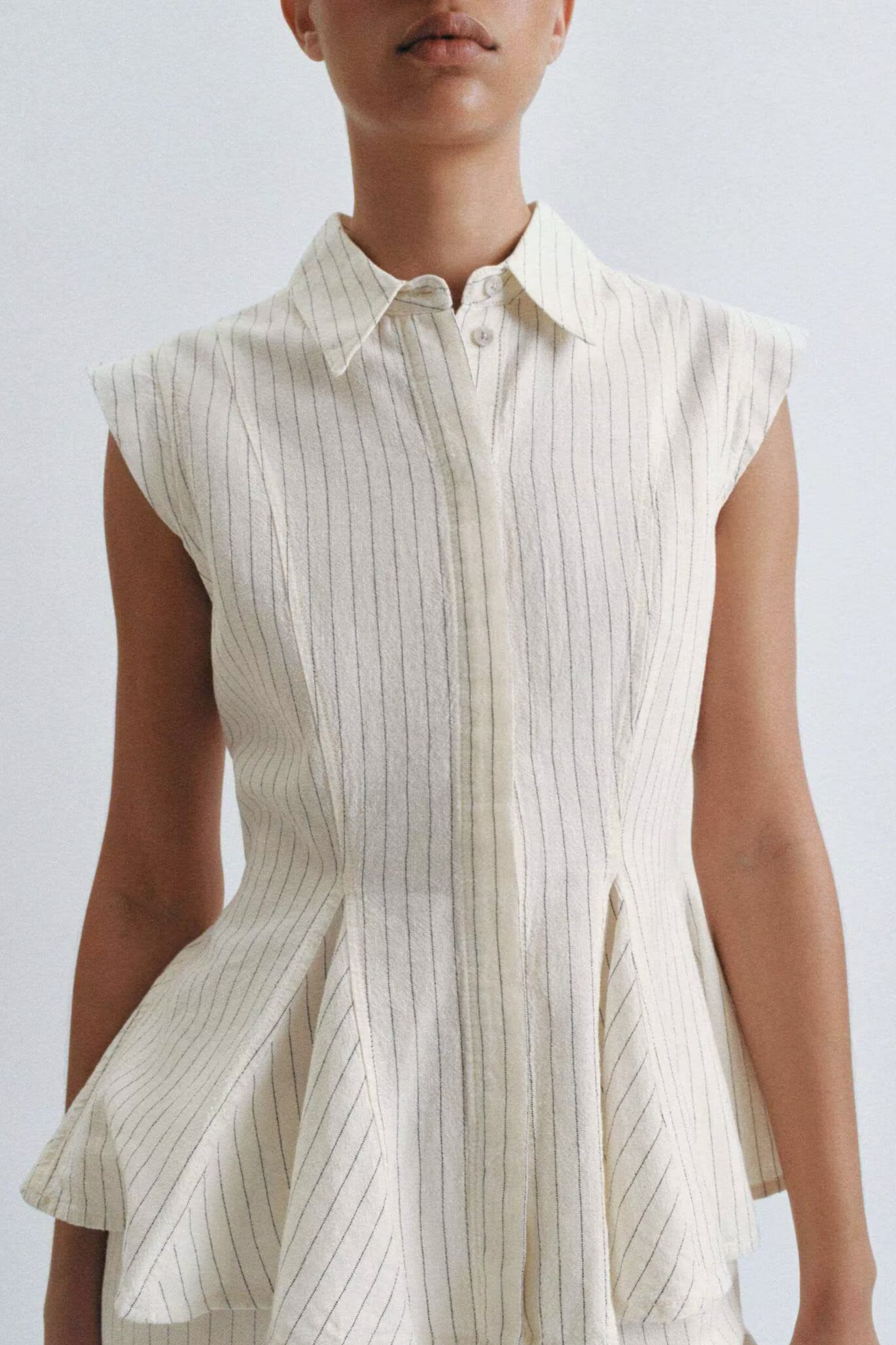 Striped Waist Tight Linen SL Shirt for Women Summer Lapels
