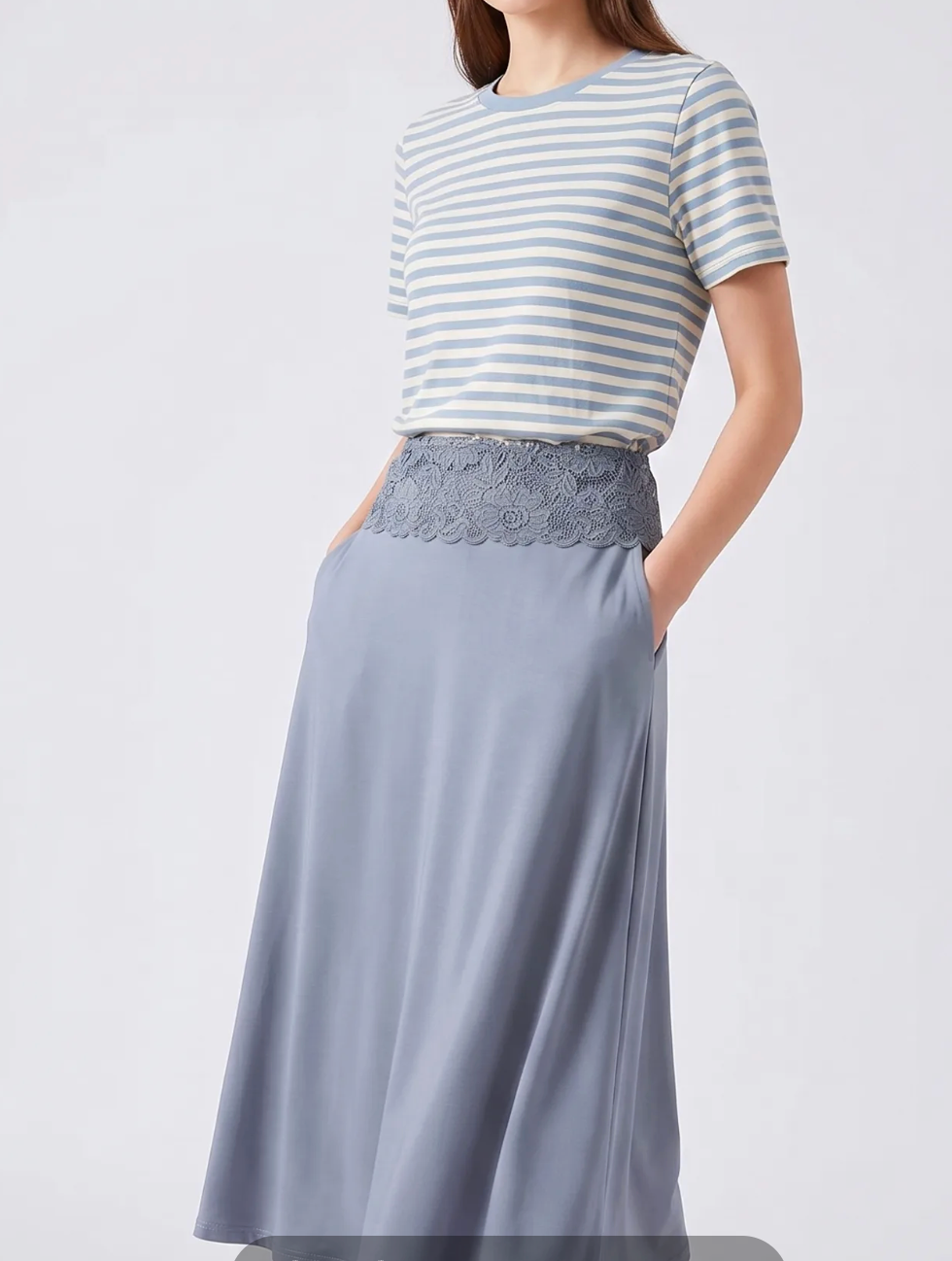 Women Clothing Lace Stitching Midi Skirt