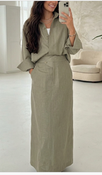 Women Notched Lapel Long Sleeve Shirt With HWed Skirt Two