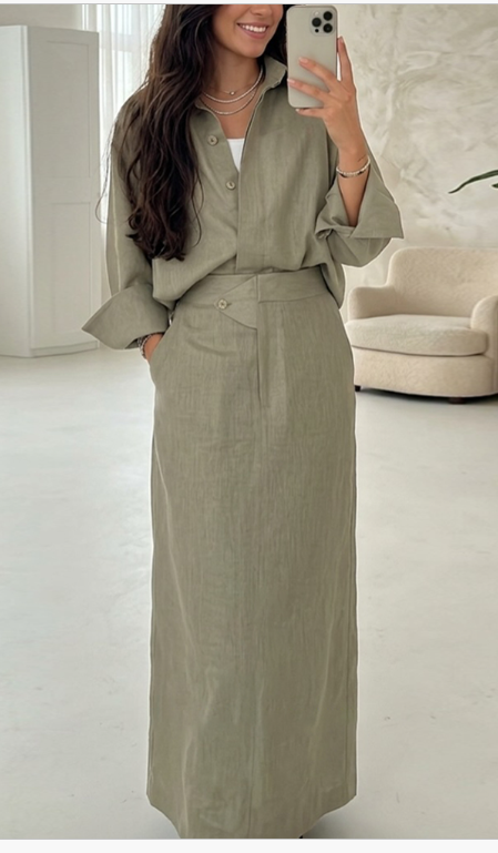 Women Notched Lapel Long Sleeve Shirt With HWed Skirt Two