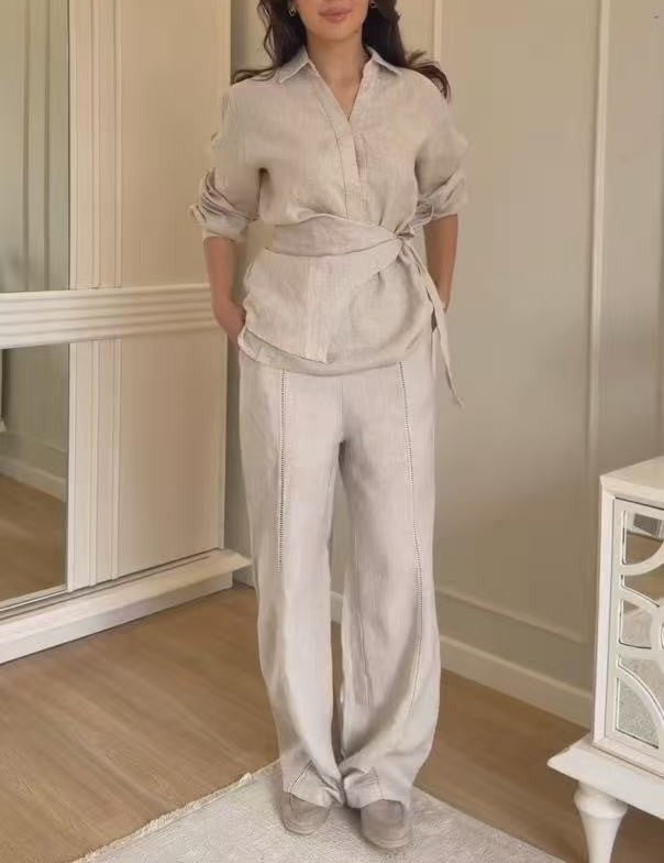 Women Waist Cinching Belt Shirt And WL Pants Two Piece Sets
