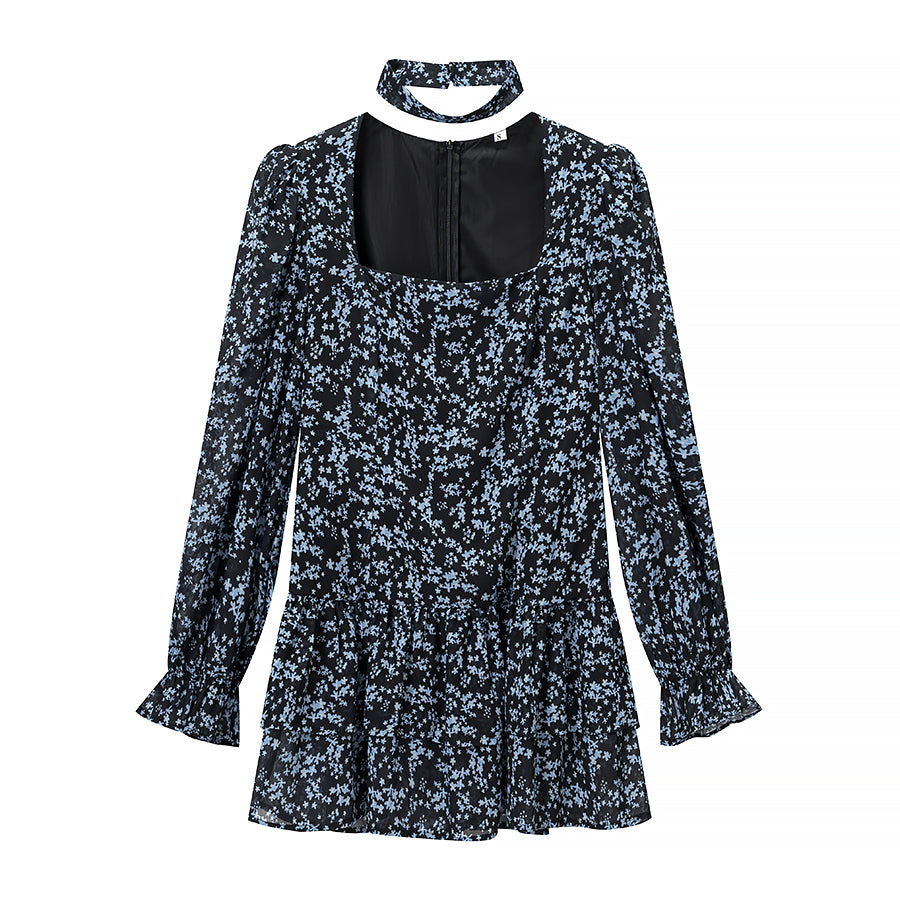 Romantic Floral Square Collar Waist Controlled Long Sleeves