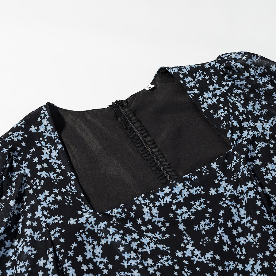 Romantic Floral Square Collar Waist Controlled Long Sleeves
