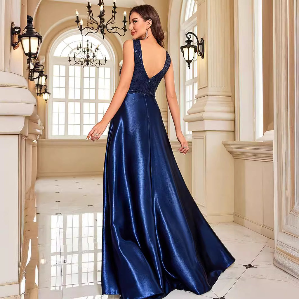 Women’s backless sequin dress, navy blue V-neck sleeveless gown, backless look