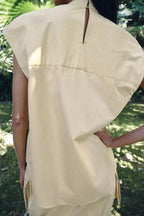 Women Clothing Summer Design White Beige Stand Collar SL Top