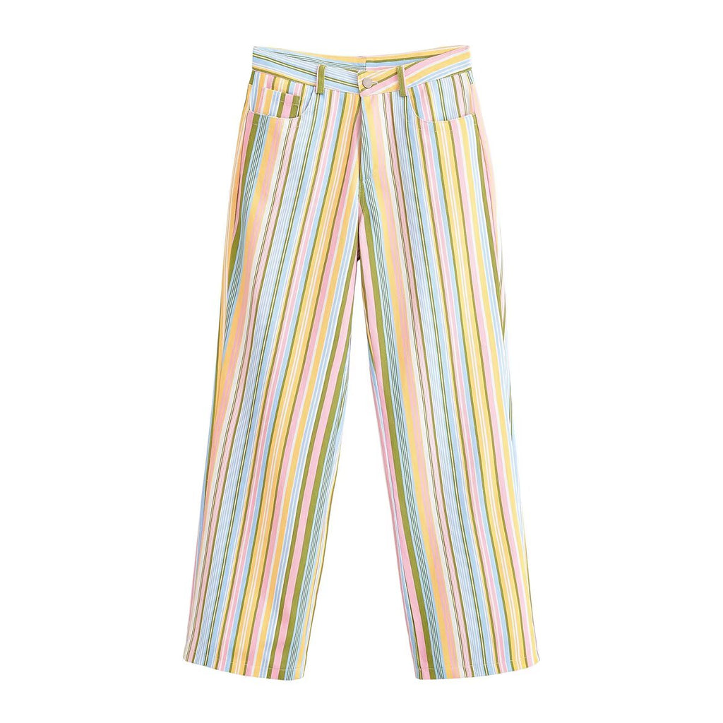 Women Clothing Retro Sweet Sexy Color Wide Leg Pants Vertical Stripes