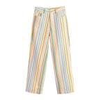 Women Clothing Retro Sweet Sexy Color Wide Leg Pants Vertical Stripes