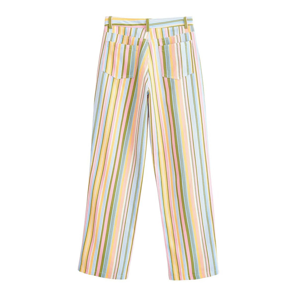 Women Clothing Retro Sweet Sexy Color Wide Leg Pants Vertical Stripes