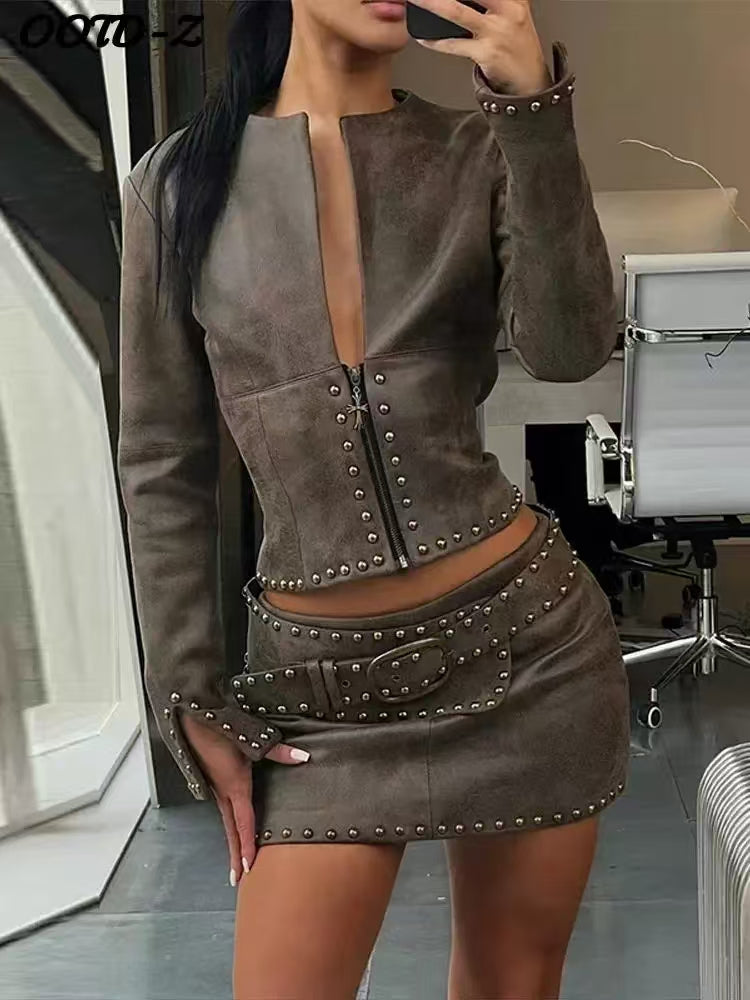 Women Clothing Spring Faux Leather Deep V Plunge Decorative