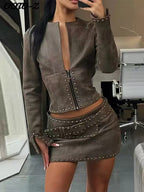 Women Clothing Spring Faux Leather Deep V Plunge Decorative