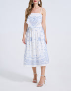 Women Summer Cotton And Linen Printed Halter Neck Top With