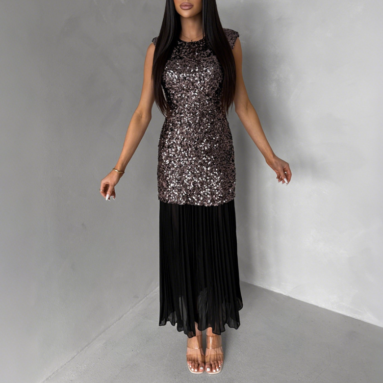 Black sequin maxi dress with sleeveless bodice and pleated long skirt
