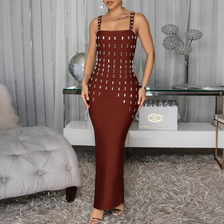 Women’s sleeveless summer dress, square neckline, patterned straps, brown midi