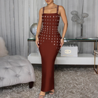 Women’s sleeveless summer dress, square neckline, patterned straps, brown midi