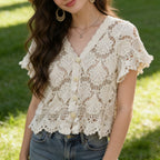 Women Summer Crochet Openwork Short V Neck Knitted Top