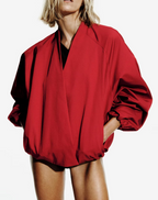 Women Clothing Simple Casual Top Red V neck Profile Short