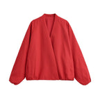 Women Clothing Simple Casual Top Red V neck Profile Short