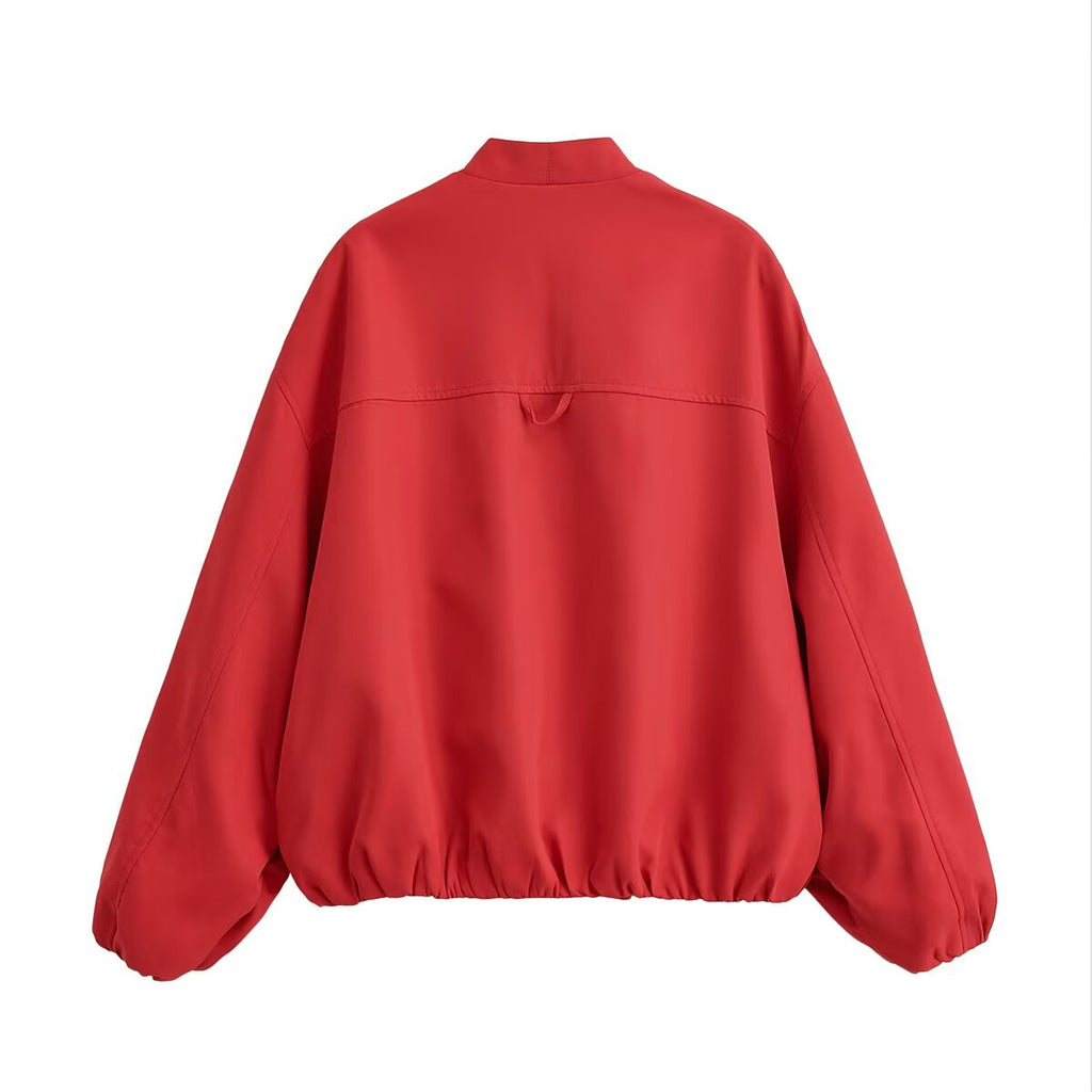 Women Clothing Simple Casual Top Red V neck Profile Short