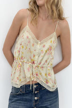 Women Clothing Summer Sexy All Match Multicolor V neck Tight Waist Lace Sling