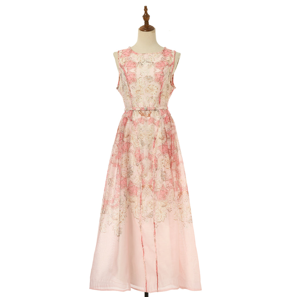 Floral sleeveless midi dress in pale pink with straight neckline and full skirt