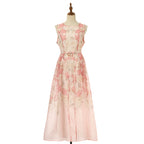 Floral sleeveless midi dress in pale pink with straight neckline and full skirt